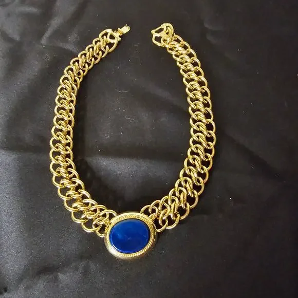 Bold Gold Chain Necklace with Royal Blue Cabochon Pendant - Picture 2 of 4